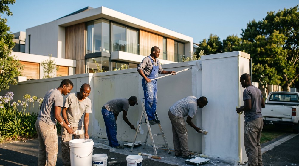 Professional team painting a boundary wall at a modern home in Noordhoek