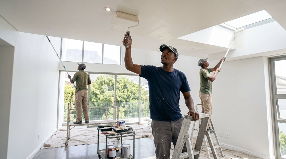 Professional ceiling painters rolling white paint onto a high ceiling in Noordhoek
