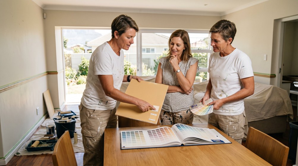 Professional colour consultant showing paint swatches to a homeowner in Noordhoek