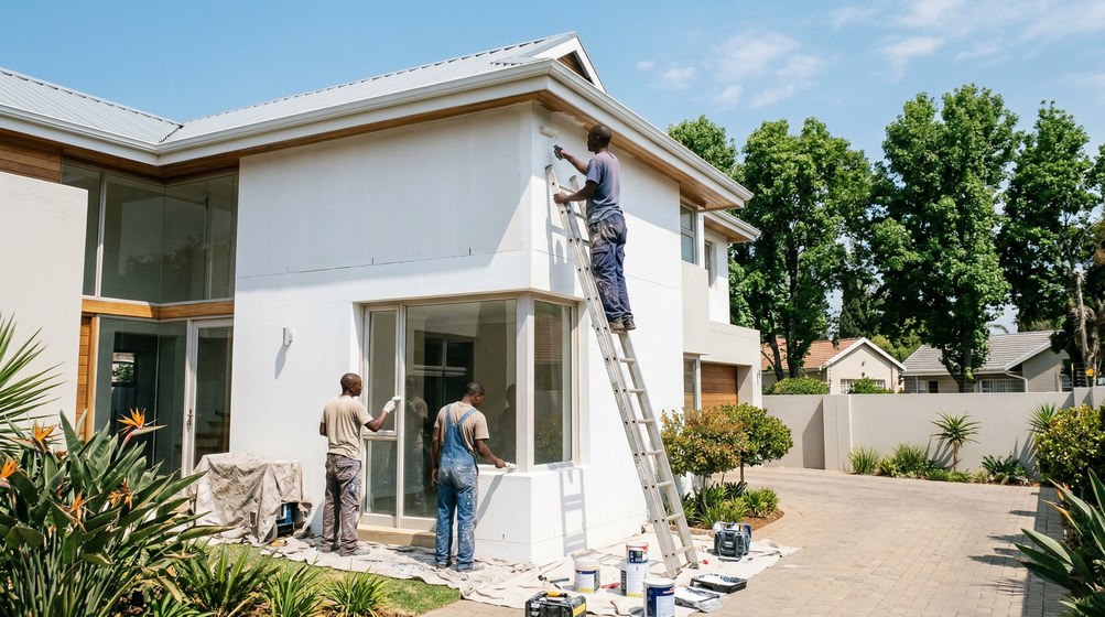 Professional exterior house painters in Noordhoek painting a modern home