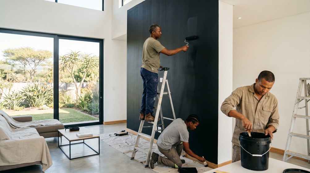 Professional painters creating a bold black feature wall in a modern Noordhoek home