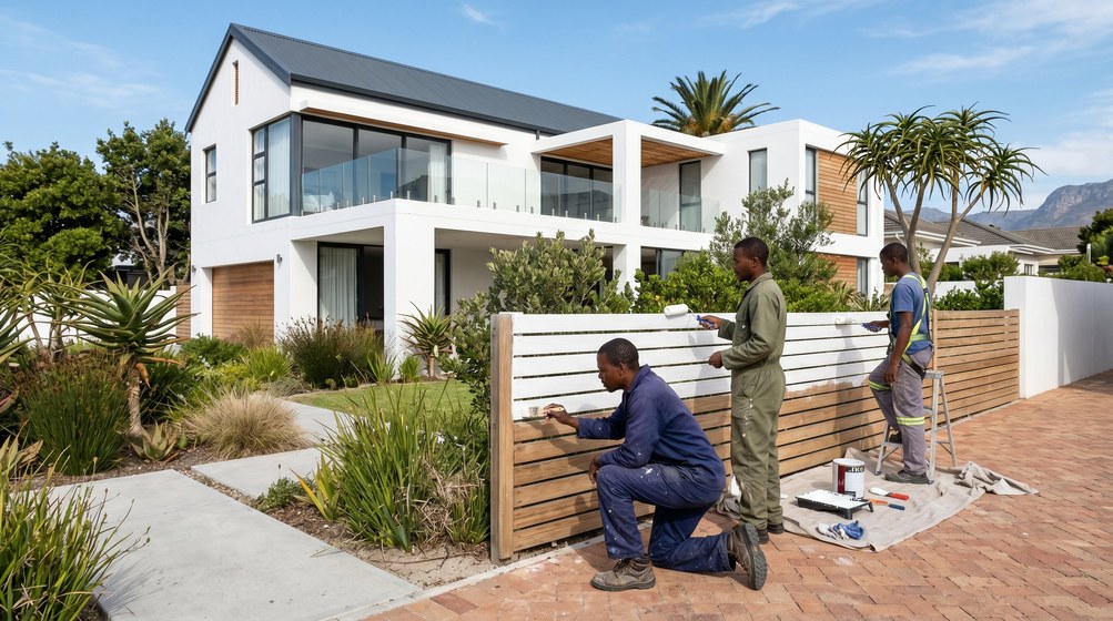 Professional fence painters painting a wooden fence at a coastal home in Noordhoek