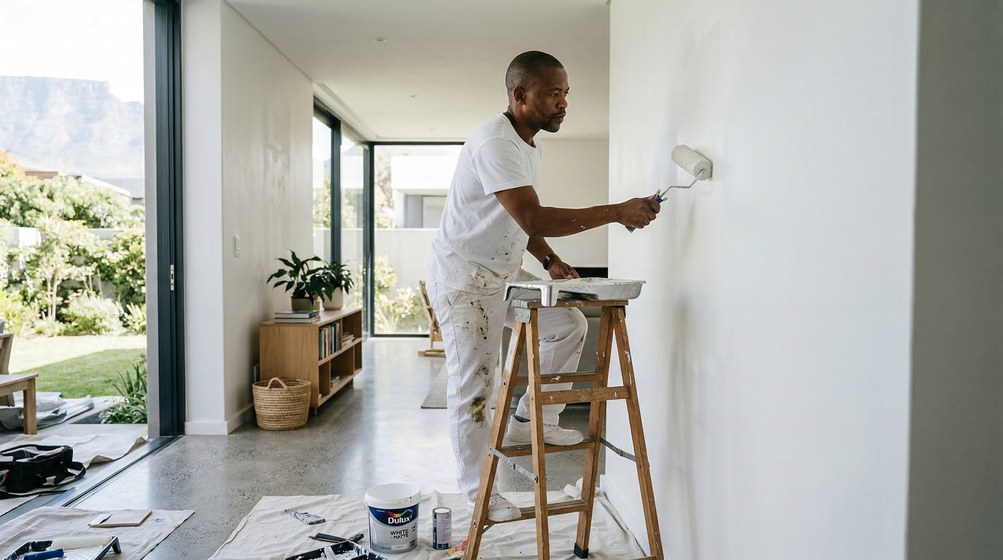 Professional interior painter in Noordhoek painting walls with a roller