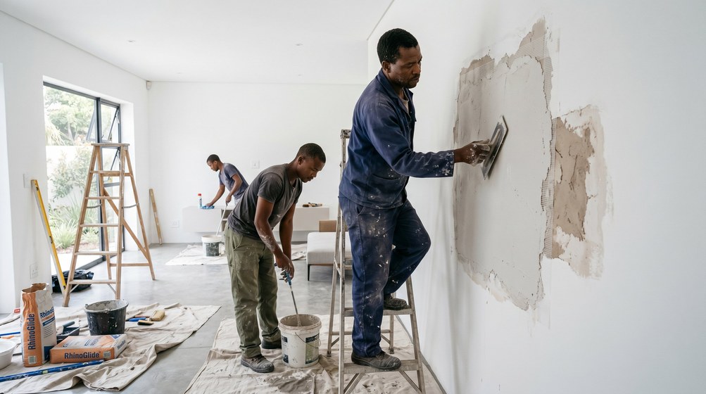 Professional plaster repair team skim coating damaged walls in Noordhoek