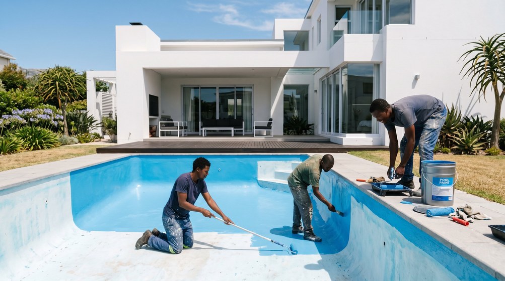 Professional pool painters applying blue pool paint to a swimming pool in Noordhoek
