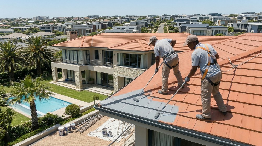 Professional roof painters applying waterproof coating to tiled roof in Noordhoek