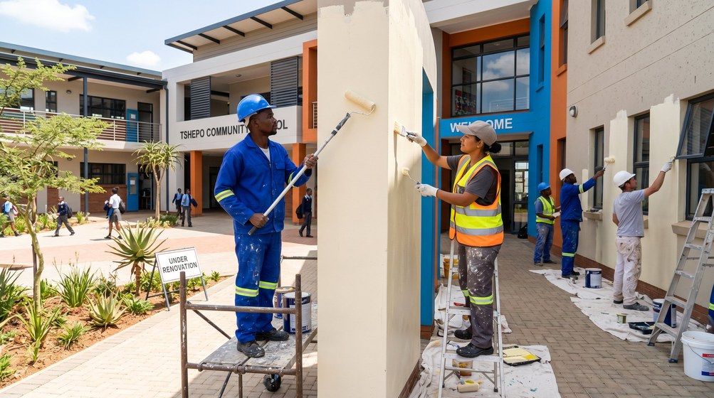 Professional school painting team painting a community school on the Southern Peninsula
