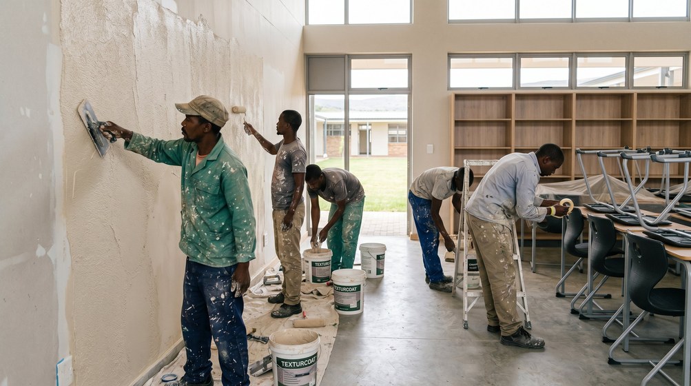 Professional texture coating team applying Texturcoat to interior walls in Noordhoek