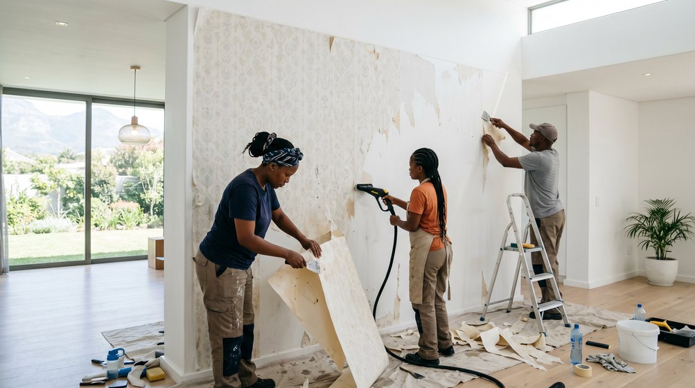 Professional wallpaper removal team stripping old wallpaper in a Noordhoek home