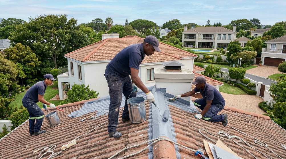 Professional waterproofing team applying membrane to roof in Noordhoek