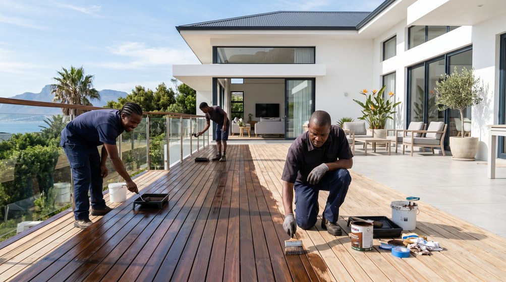Professional wood staining team applying deck stain overlooking the ocean in Noordhoek